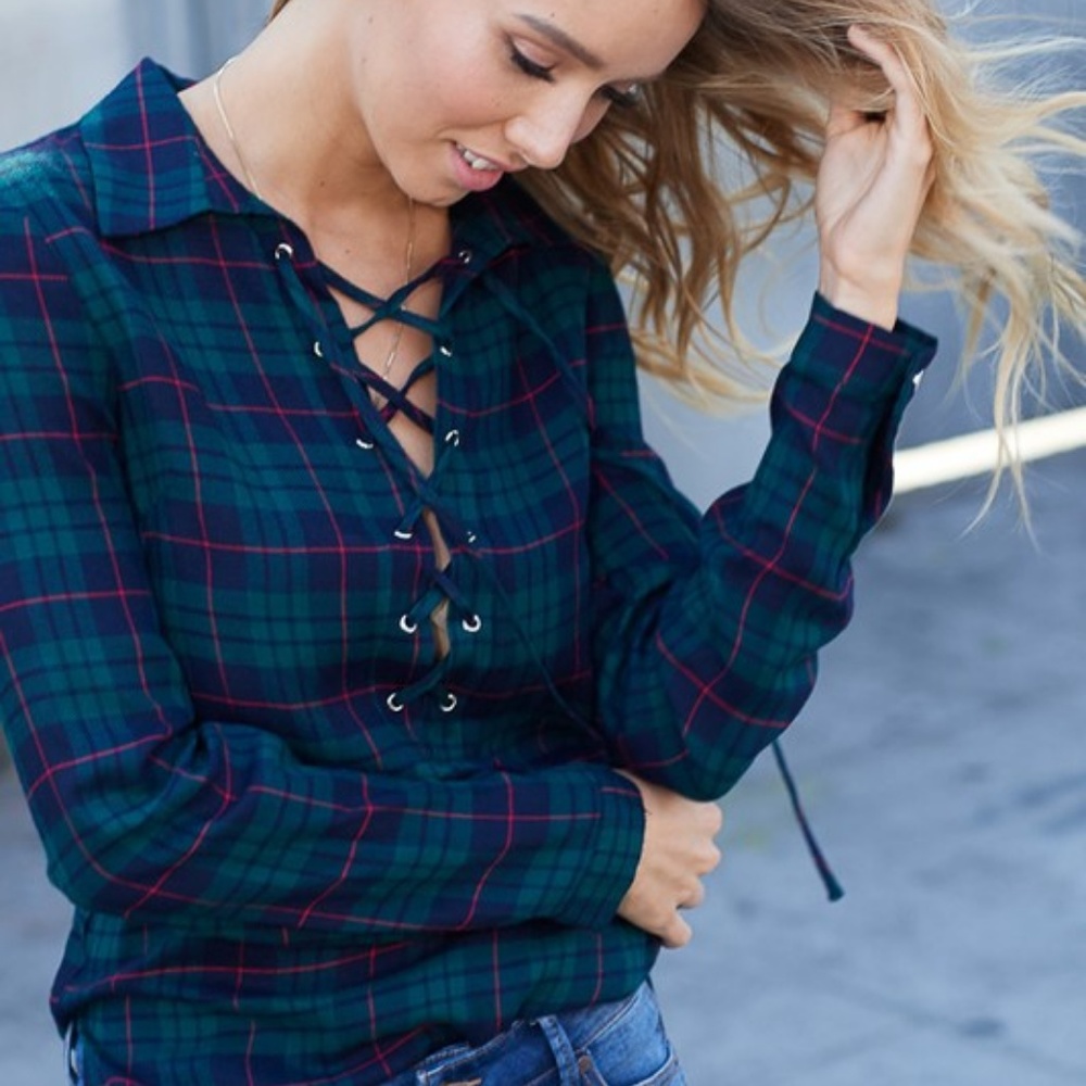 Green Plaid Lace Up Blouse